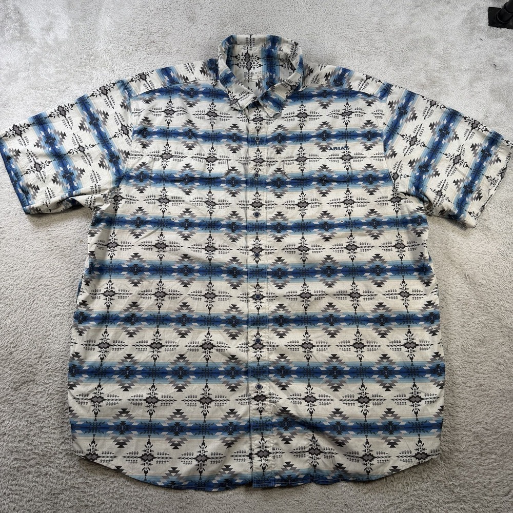 Ariat Tek Shirt Men 2XL White Blue Aztec Print Rodeo Button Shirt Sleeve Western